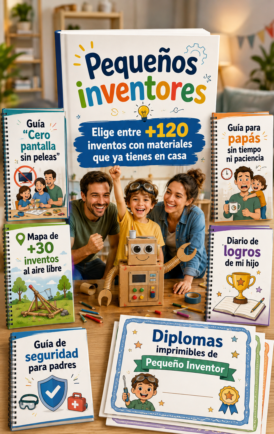 Pack Pequenos Inventores: portada del ebook y tarjetas de bonos